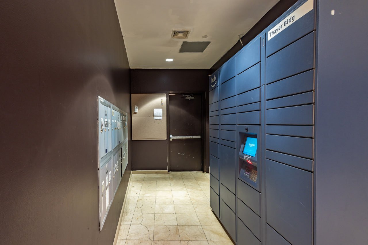 Amazon Hub package lockers in the Thayer Building lobby