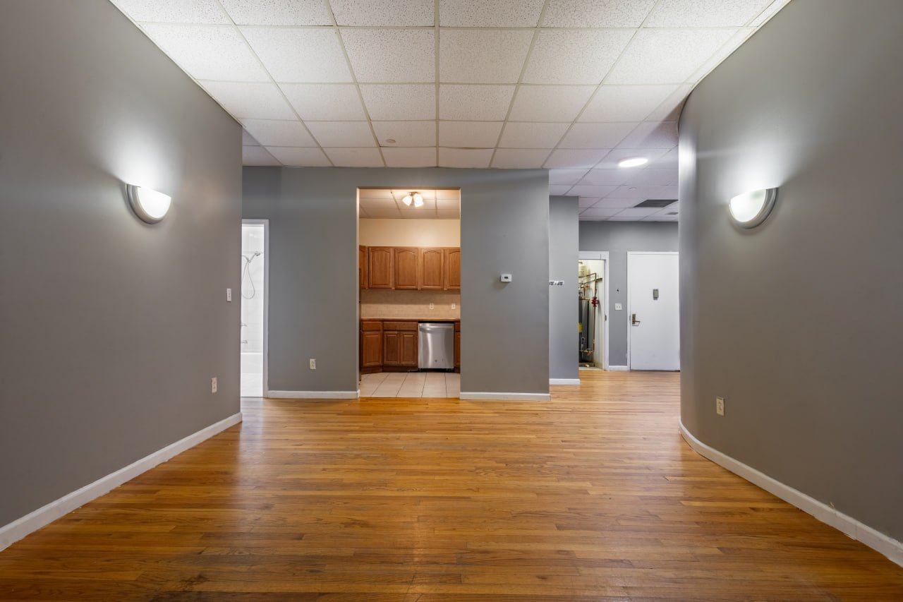 Unit 102 open living area and kitchen